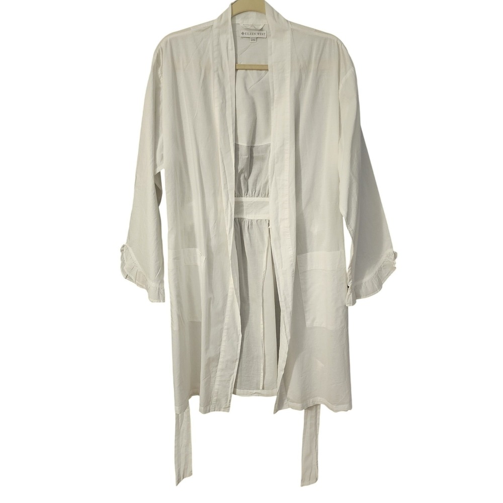 Eileen West White 100%Cotton Spa Lawn Ruffle Sleeve Wrap Robe Bridal S/M